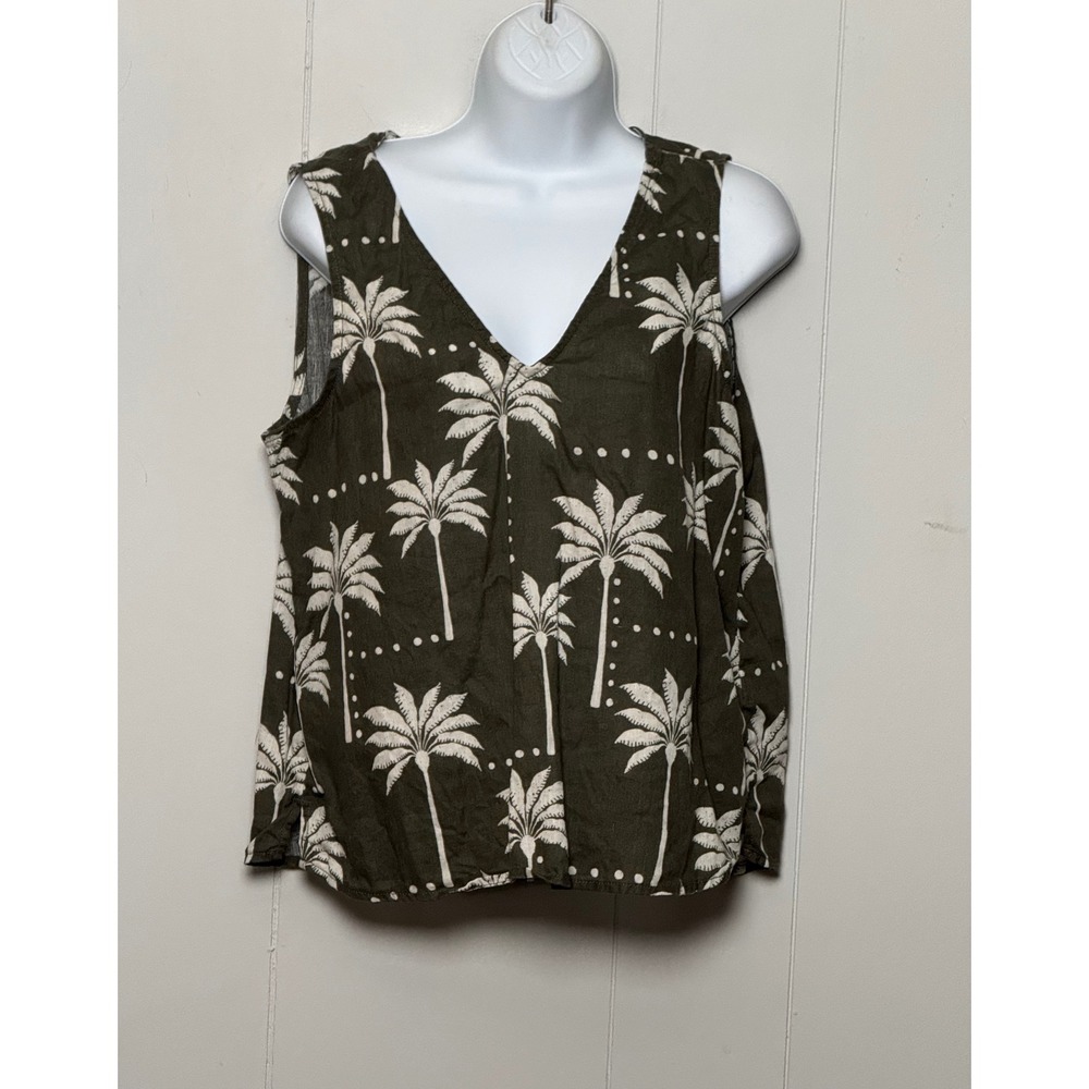 Tahari Women's Olive Green 100% Linen Palm Tree Print V-Neck Tank Top Sz Medium